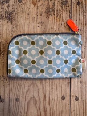 Orla Kiely Navy Lined Zip Pouch with Orange Logo Makeup Bag, Cosmetic Bag, pouch